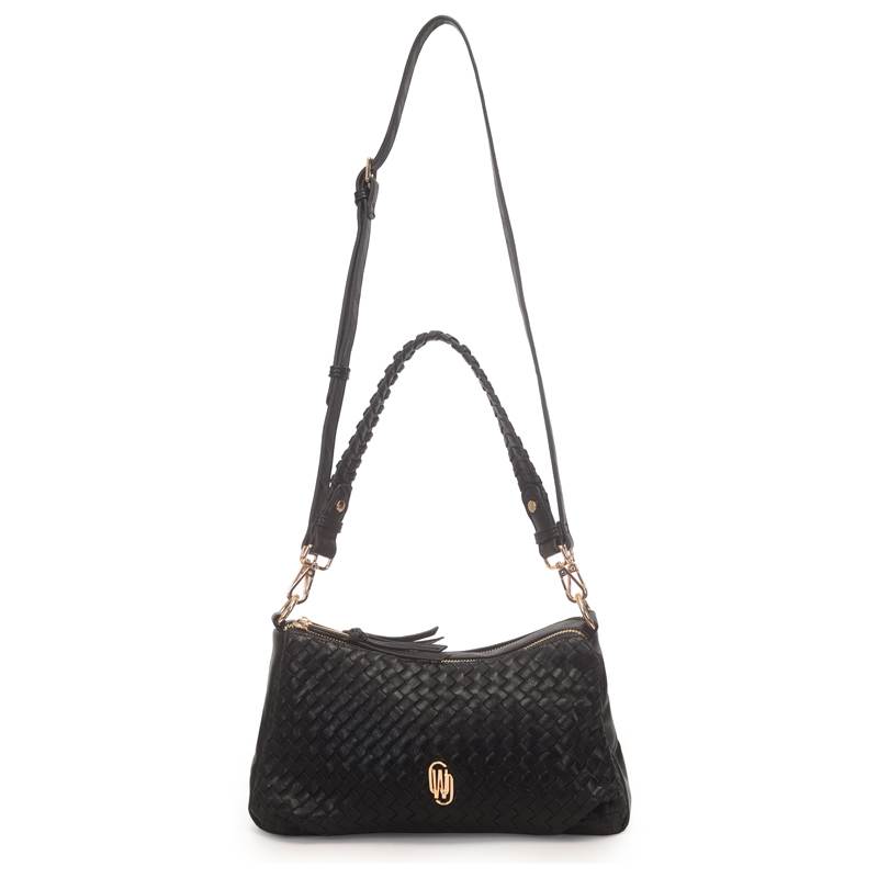 Bolsa tiracolo feminina preta WJ em material sintético com textura trançada e detalhes dourados